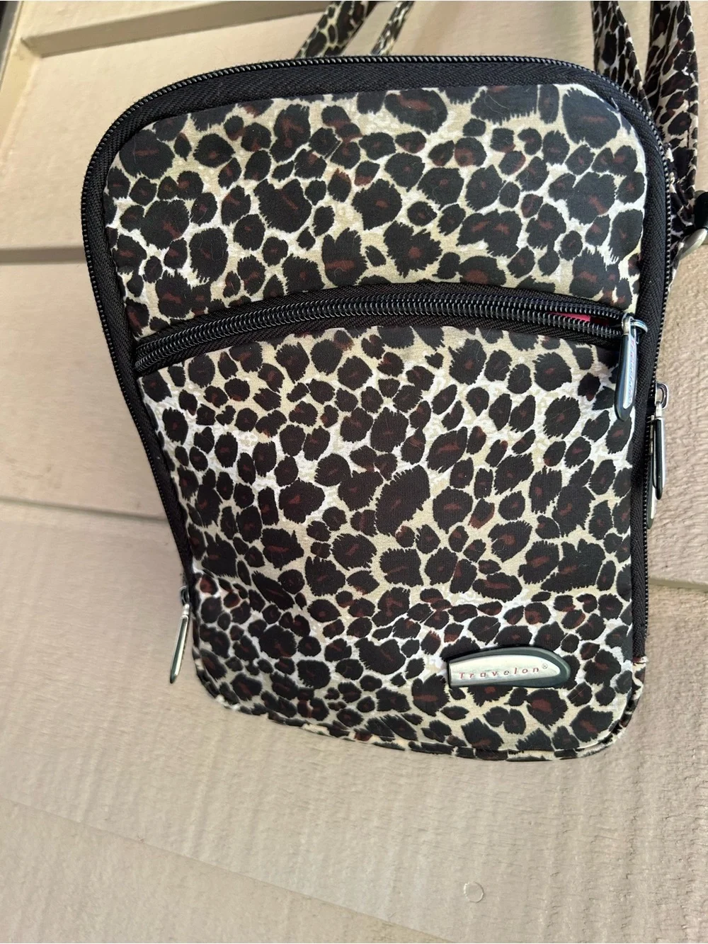 Travelon Leopard Print Crossbody Bag - Brown/Black pink lining.